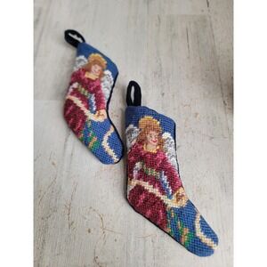 Vintage needlepoint angel mini stocking Xmas set ornament home decor unique